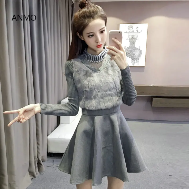 Anmo Для женщин Платья свитеры шерсть лоскутное шаблон тонкий Винтаж платье с