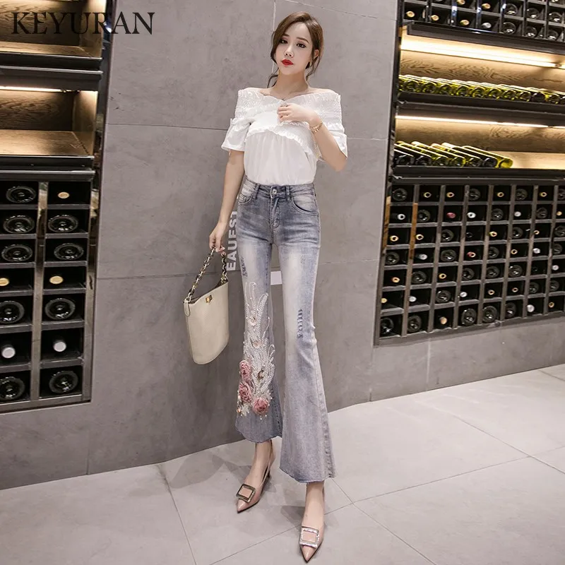 Boyfriend Women Appliques Embroidery Jeans Female High Waist Denim Flare Pants Slim Elastic Heavy Industry Trousers Korean style |