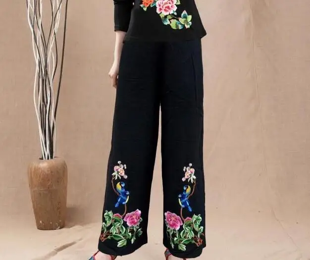

XL-4XL Hot / Autumn/Winter Women New Cotton Linen Trousers Of Tall Waist Fat Leg Folk Embroidery Flower Fashion Pants