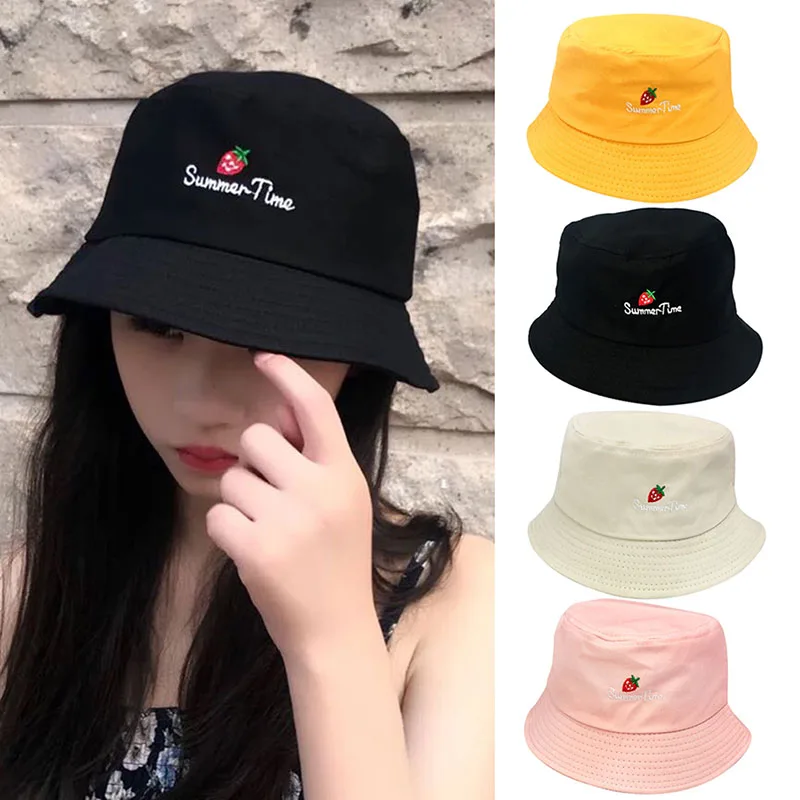 

Newly Women Bucket Hats Strawberry Embroidery Pattern Sun Protective Breathable Sunshade Cap DO99