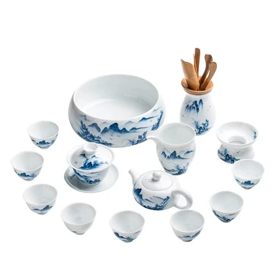 Ручная роспись пейзаж белый фарфор Чайный набор кунг-фу чай Gaiwan Чайник дома