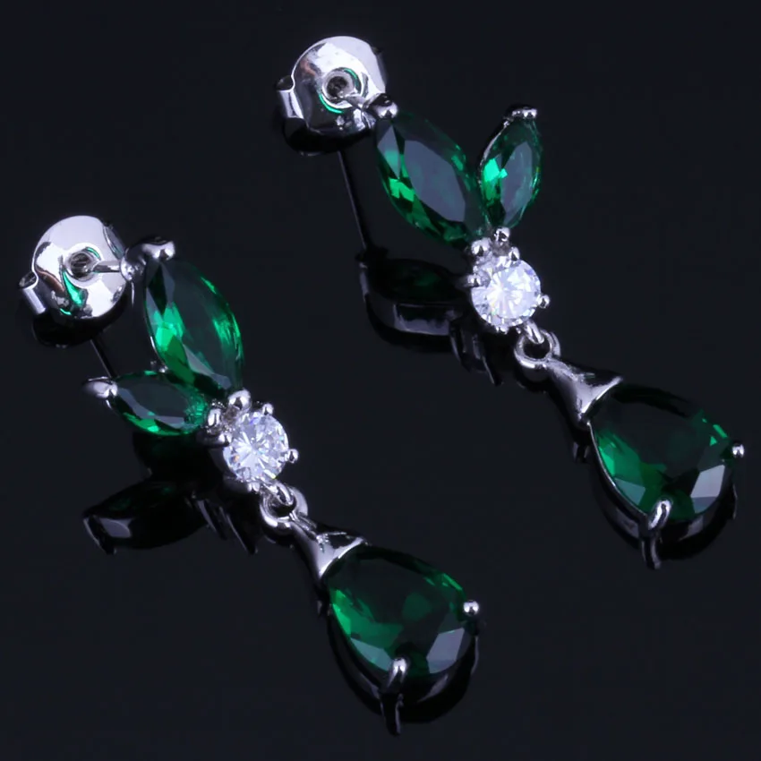 

Gracious Water Drop Green Cubic Zirconia White CZ Silver Plated Drop Dangle Earrings V0740