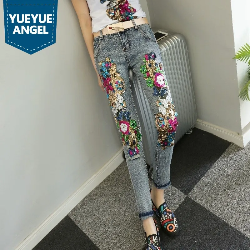 Женские джинсы карандаш с блестками и цветами в стиле ретро 2019|jeans woman|jeans women