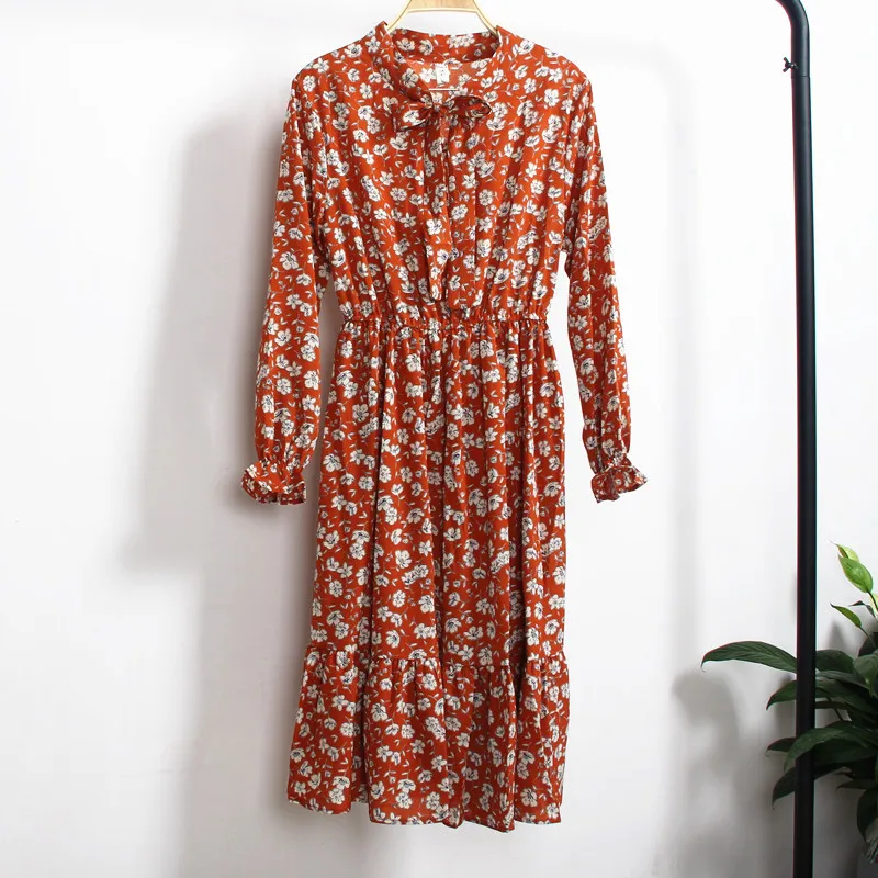 

Spring Autumn New Women Long Sleeved Dress Retro Collar Casual Slim Dresses Floral Printing Chiffon Vestidos De Fiesta