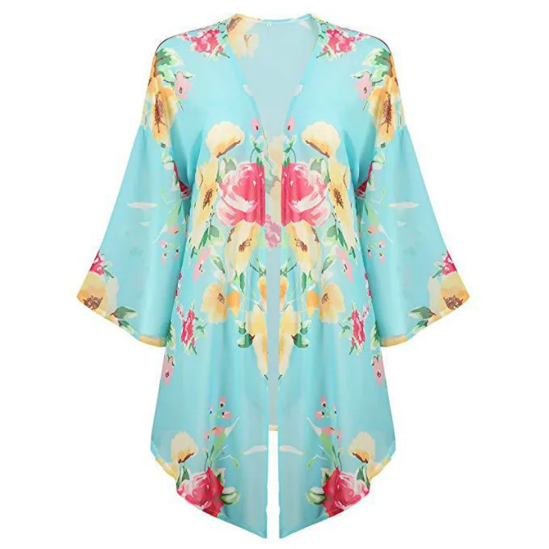 Women Floral Print Kimono Beach Cover Up Capes Ladies Open Front Sheer Loose Chiffon Cardigan Blouse Top | Женская одежда