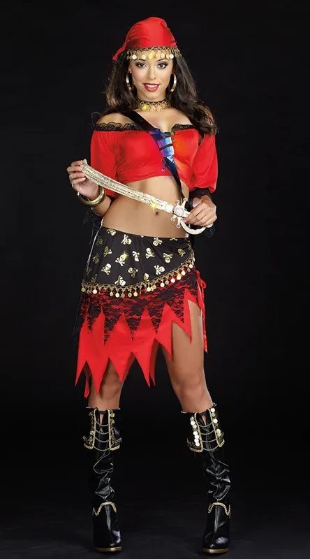 Free Shipping 2014 Newest Women Charming Sexy Red Pirate Costume with Sequine Pattern Halloween Party Cosplay Costumes 0101327 |