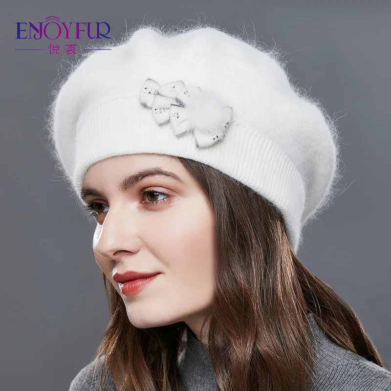 ENJOYFUR Берет шапка женская зимняя вязаная теплая модная из кашемира и кроличьей шерсти с бантом для женщины для дамы - Цвет: 10