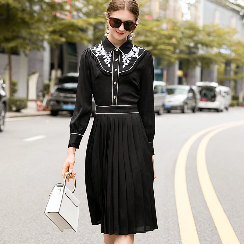 2019 Autumn Elegant Pleated Dress High Quality Fashion Full Sleeve Turn-down Collar Black | Женская одежда