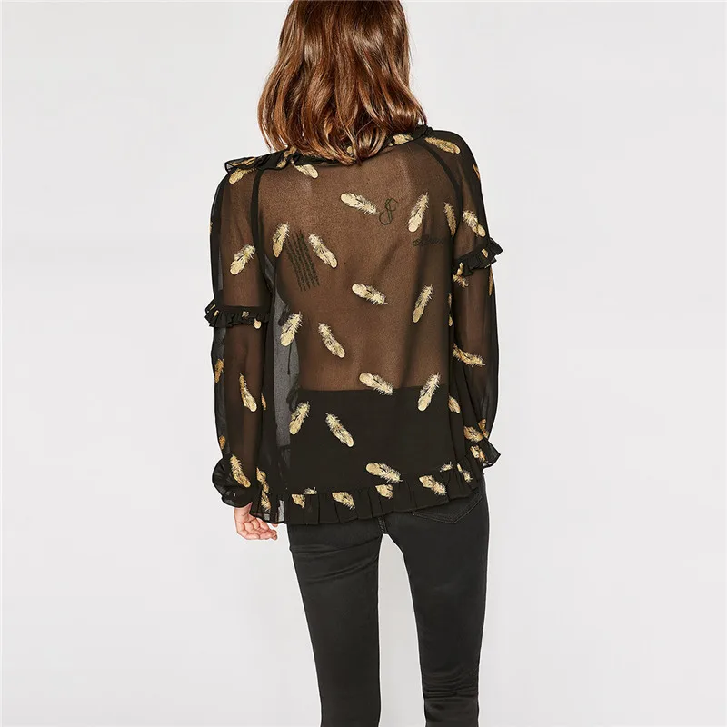 GOLDEN FEATHERS TOP Drawstring Lace-up Bow Collar Women Shirts 2017 Autumn Long Sleeve Blouses Gold Feather Print Top M17112401 |