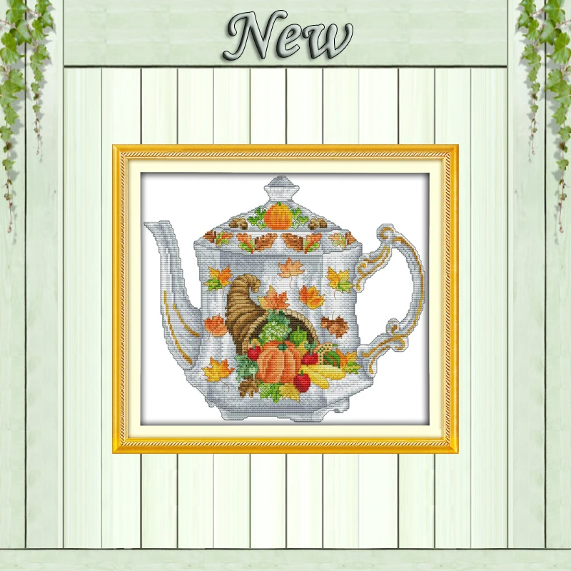 

Teapot maple leaves fruits chinese painting counted printed on canvas DMC 11CT 14CT kits Cross Stitch embroidery needlework Sets