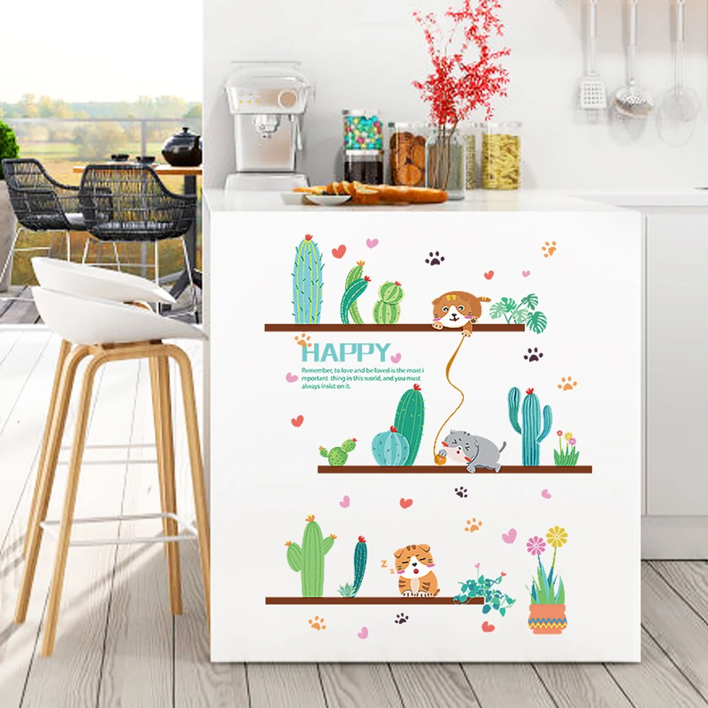 Кошка кактус бонсай съемные обои наклейки на стену DIY наклейка кухня кафе
