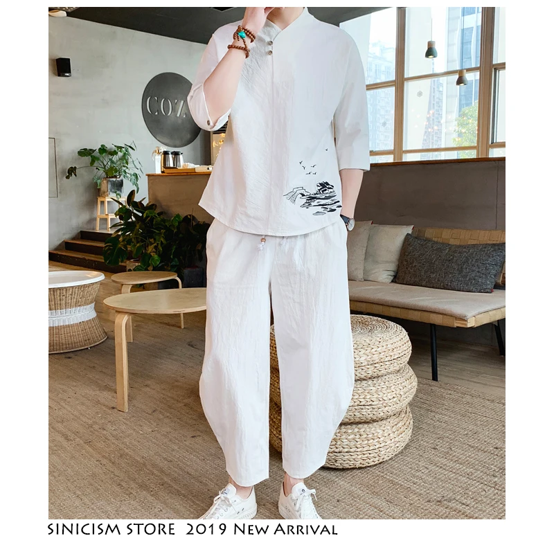 Sinicism Store Harajuku, мужской спортивный костюм с вышивкой,, мужские летние льняные комплекты для бега, Мужская Уличная одежда, китайские комплекты из 2 предметов