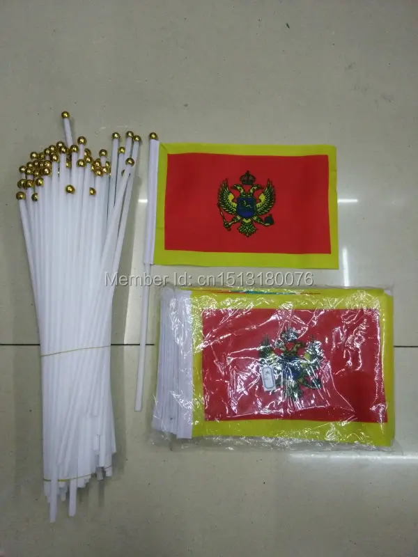 world flags printed 100% polyester 14 * 21cm Montenegro hand wave flags 100pcs / bag with plastic rod