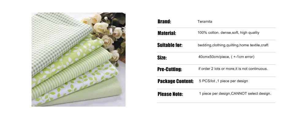 5 PCS 40cmX50cm Green Floral Cotton Fabric For Sewing Patchwork quilting Doll Bedding Fabric home textile