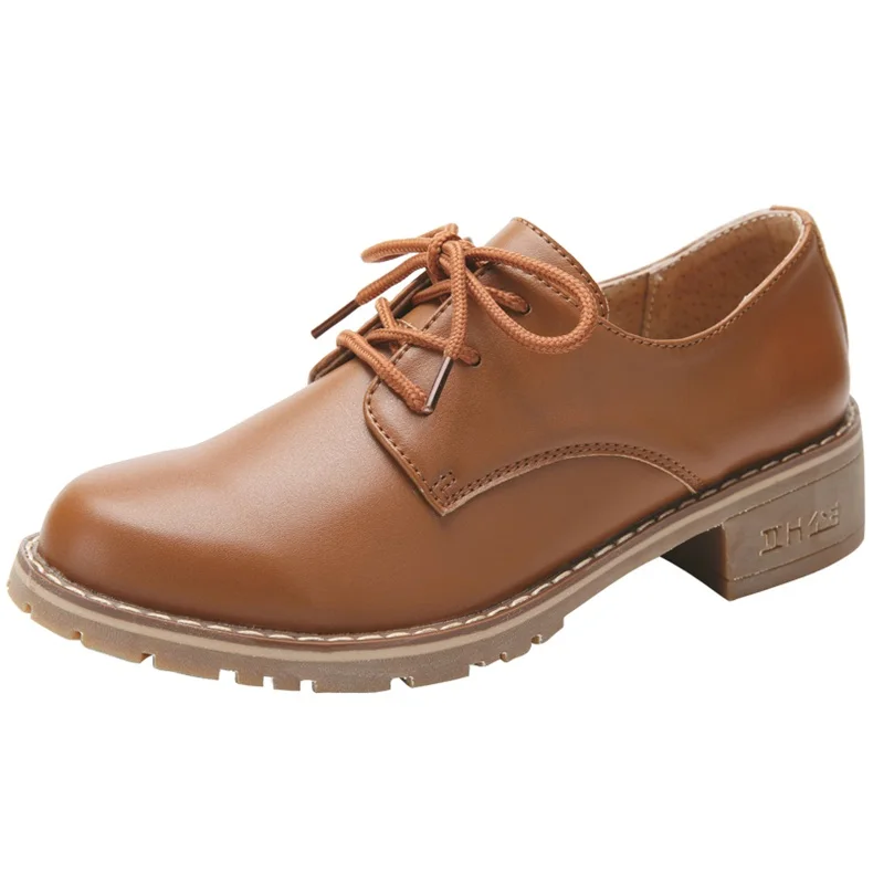 Brown 2828 OUKAHUI/женские туфли-оксфорды в британском стиле; женские туфли из натуральной кожи на среднем квадратном каблуке со шнуровкой; модная повседневная женская обувь на плоской подошве - Цвет: Brown 2828