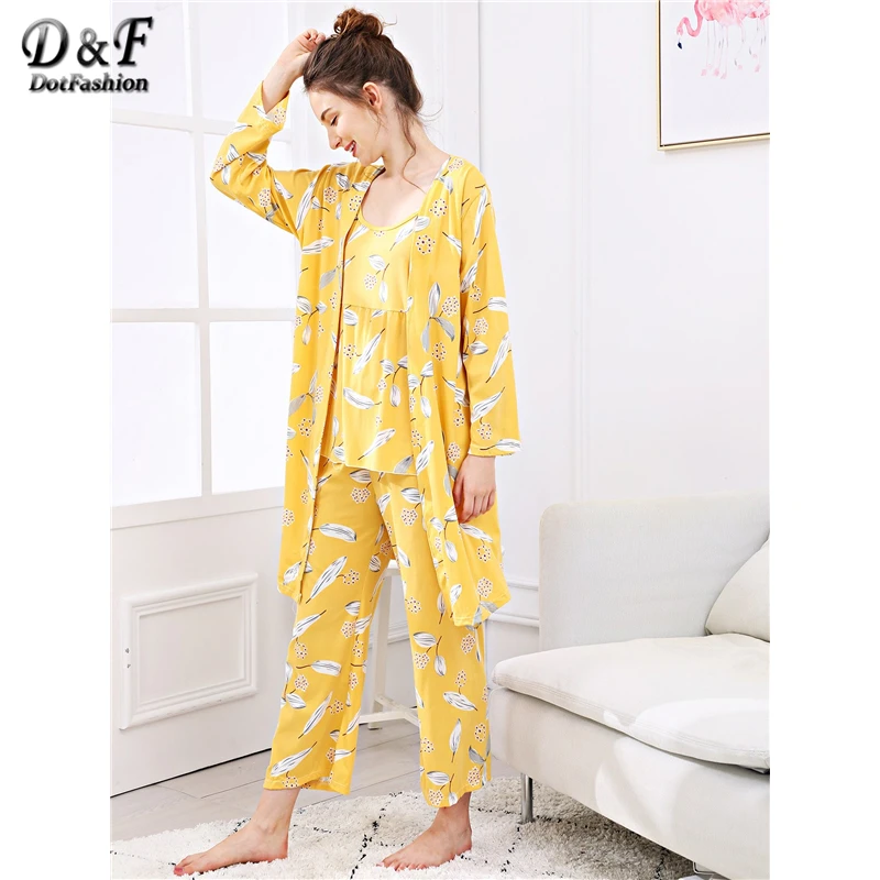 Dotfashion/пижамный комплект на бретельках с желтыми листьями, женская осенняя одежда, Повседневная летняя одежда для сна с длинным рукавом, пижамные комплекты
