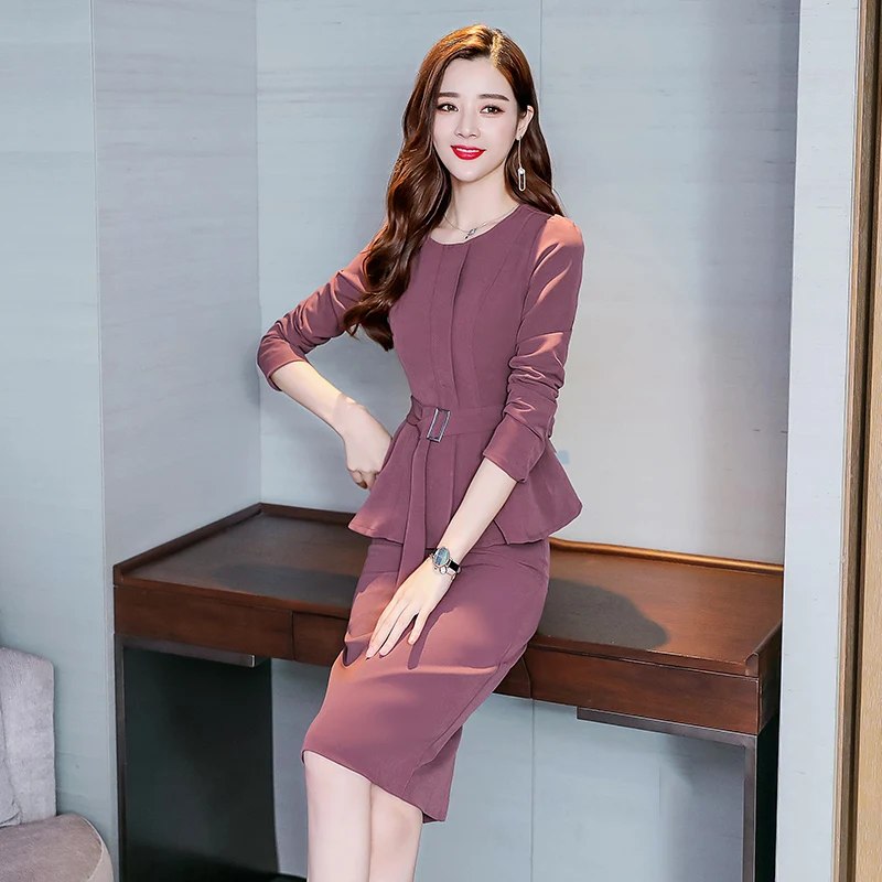 New Women'S Suit Korean Fashion Two-Piece Outfit Zip Belt Jacket O Neck Top Bodycon Skirt Solid Lady Vestido Size S-XL |