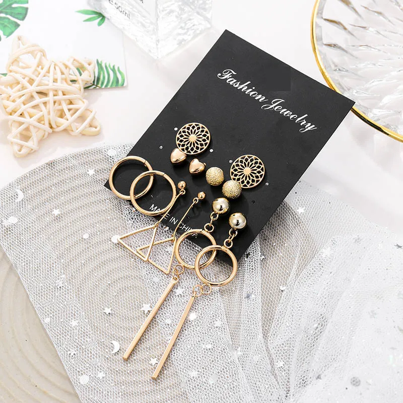 punk golden metal geometric round triangle hanging dangle earrings fashion hollow carved flower heart set for women | Украшения и