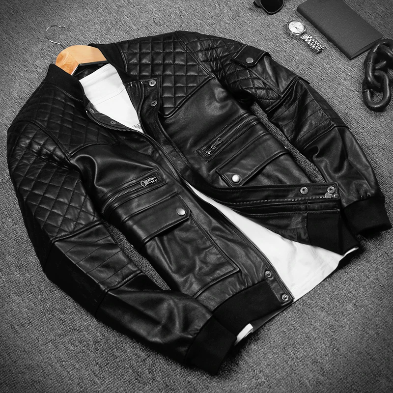 Spring Autumn Male Clothing Mens Sheepskin Genuine Leather Jackets Short Slim Stand Collar Overcoat Men Black Smart Casual Coats | Мужская