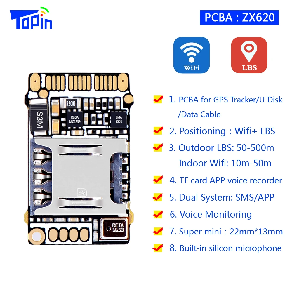TOPIN маленький ZX620 PCB Wifi LBS GSM трекер позиционирование TF карта голосовая запись Крытый Accuarcy 10 м Мини 22*13 мм голосовой мониторинг