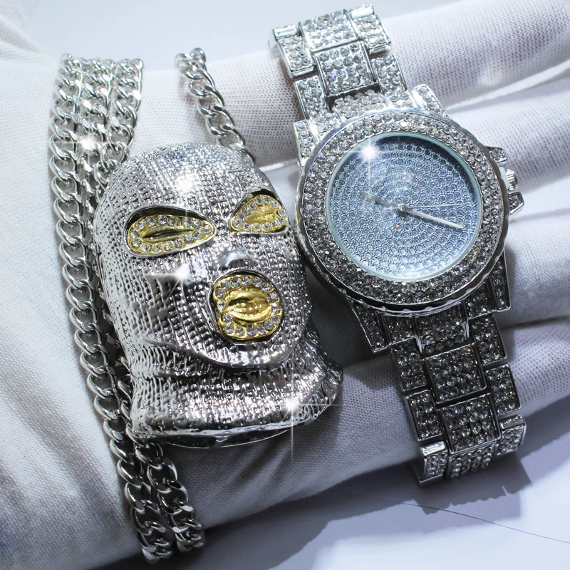 Karopel мужские хип-хоп Iced Out имитация CZ наручные часы с цирконием Amp GoonSki ожерелье с подвеской-маской Набор