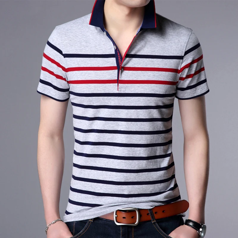 Мужская хлопковая приталенная рубашка поло в полоску с коротким рукавом и