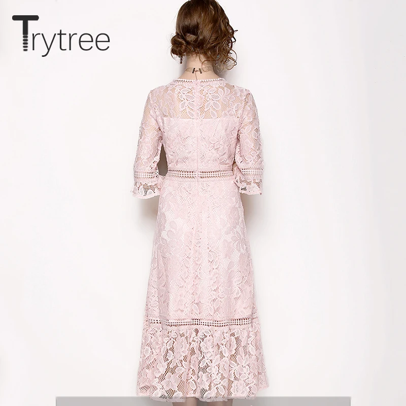 Женское кружевное платье Trytree повседневное однотонное розовое трапециевидной