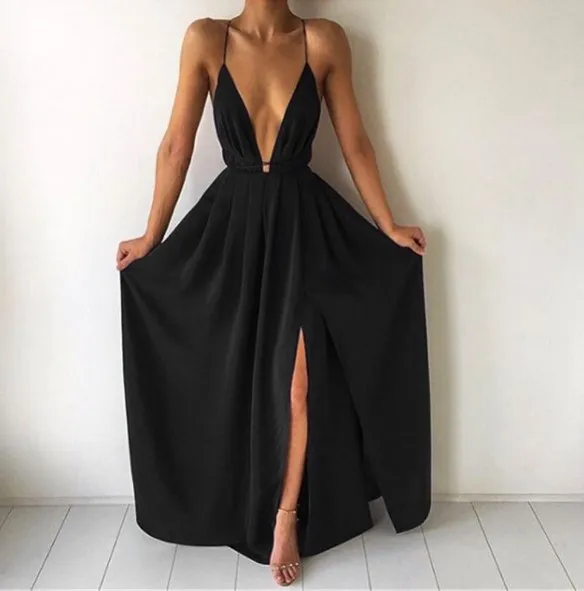 

Summer Maxi Dress Women Solid Sexy Deep V-Neck Sleeveless Spaghetti Strap Backless High Split Long Sundress