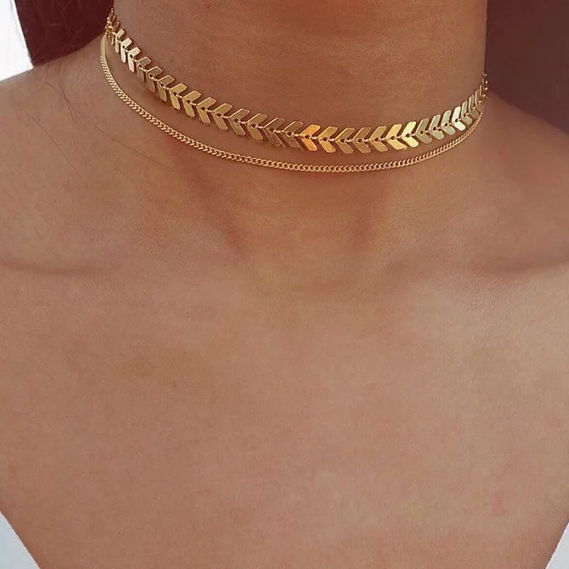 

BK New Multi Arrow Choker Necklace Women Two Layers Necklaces Gold Color Fishbone Plane Plane Necklace Charm Chocker Jewelry