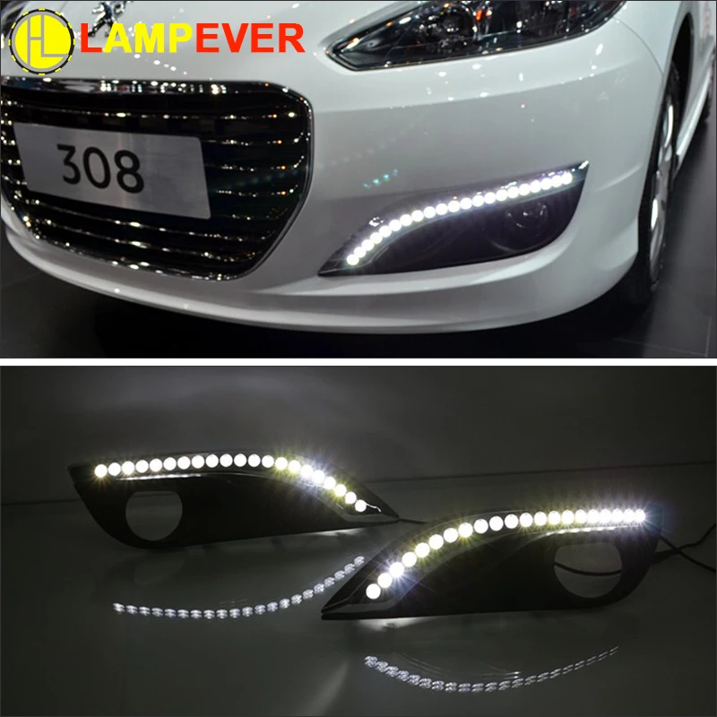 Автомобиль DRL комплект светодиодный дневного света для PEUGEOT 308 2012~ с контроллером реле Включите Singal Туман лампа покрытие дневной
