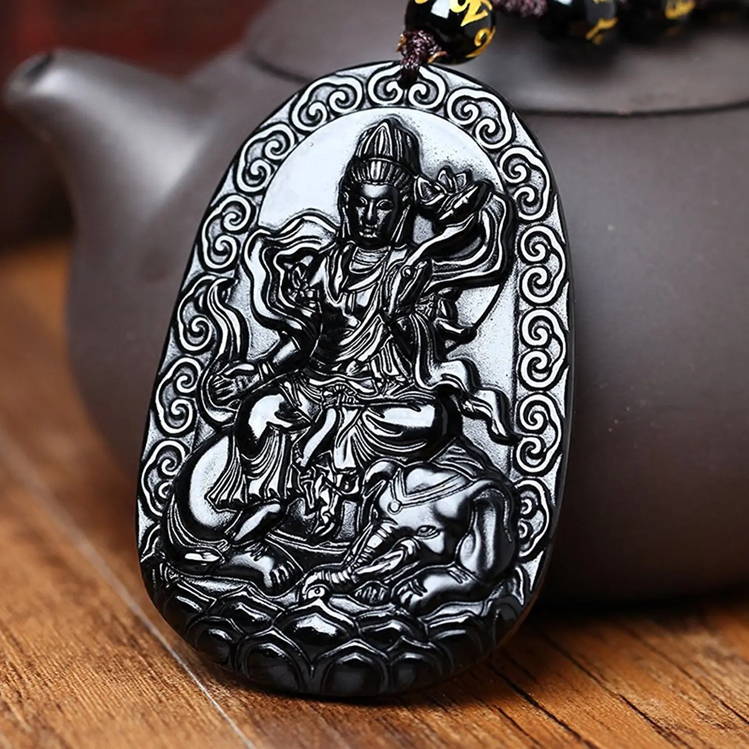 Ювелирные изделия Koraba из натурального обсидиана Samantabhadra Kwan Yin Bodhisattva подвеска