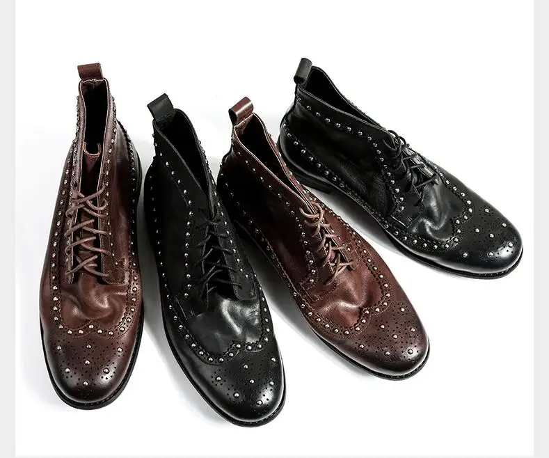 

Martin boots dress shoes men genuine leather handmade carved brogue lace up rivets breathable vintage high top casual shoes