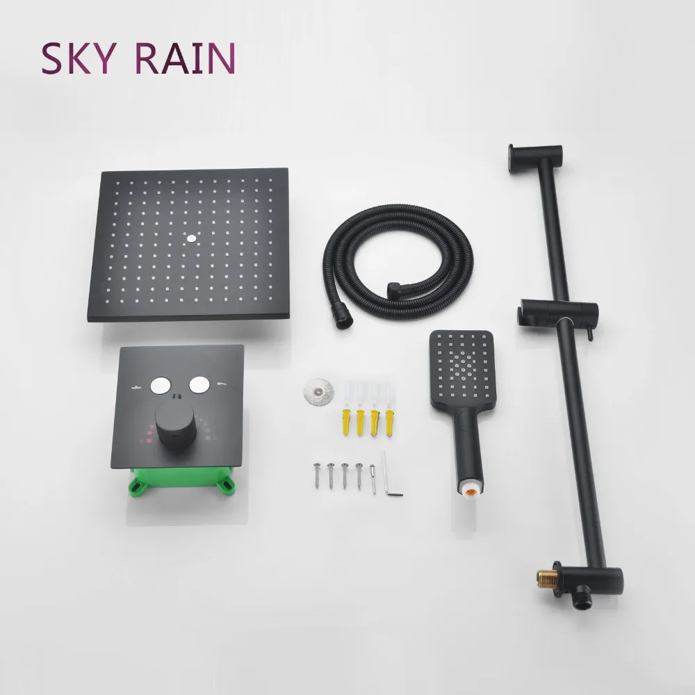 Матовый черный термостатический кнопочный смеситель SKY RAIN 10 дюймов Набор насадок