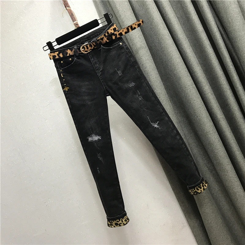 plus size 26-30 winter women fashion leopard print hole elastic high waist thick skinny pencil jeans |