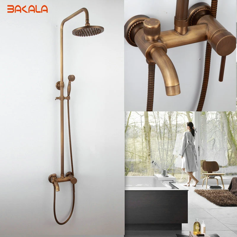

DHL Free Shipping ! Luxury NEW Antique Brass Rainfall Shower Set Faucet + Tub Mixer Tap + Handheld Shower Wall Mounted