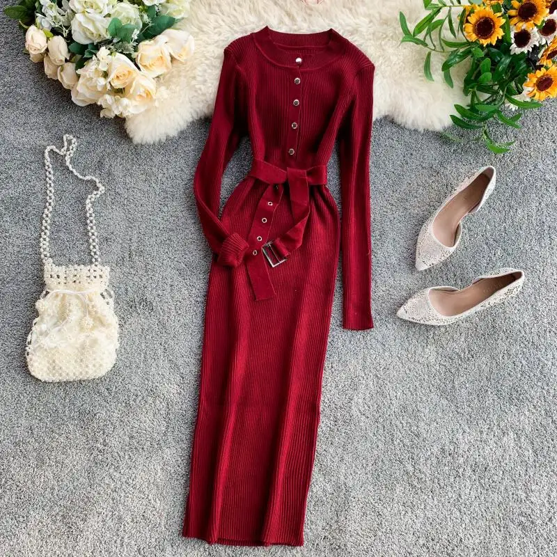 Женское трикотажное платье ALPHALMODA однобортное с длинным рукавом и поясом