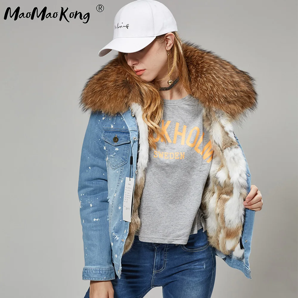 Новинка, модное Брендовое женское джинсовое пальто, джинсовая куртка для девочек, натуральный мех кролика, толстая подкладка, Воротник из меха енота, куртка-бомбер, сохраняющая тепло