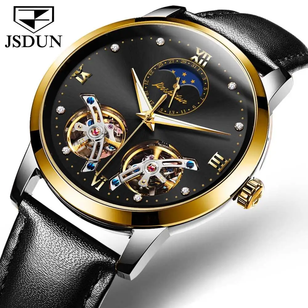 Gold Black JSDUN Роскошные деловые мужские механические наручные часы с двойным турбийоном и скелетом, с Циферблатом из белого золота, автоматические часы - Цвет: Gold Black