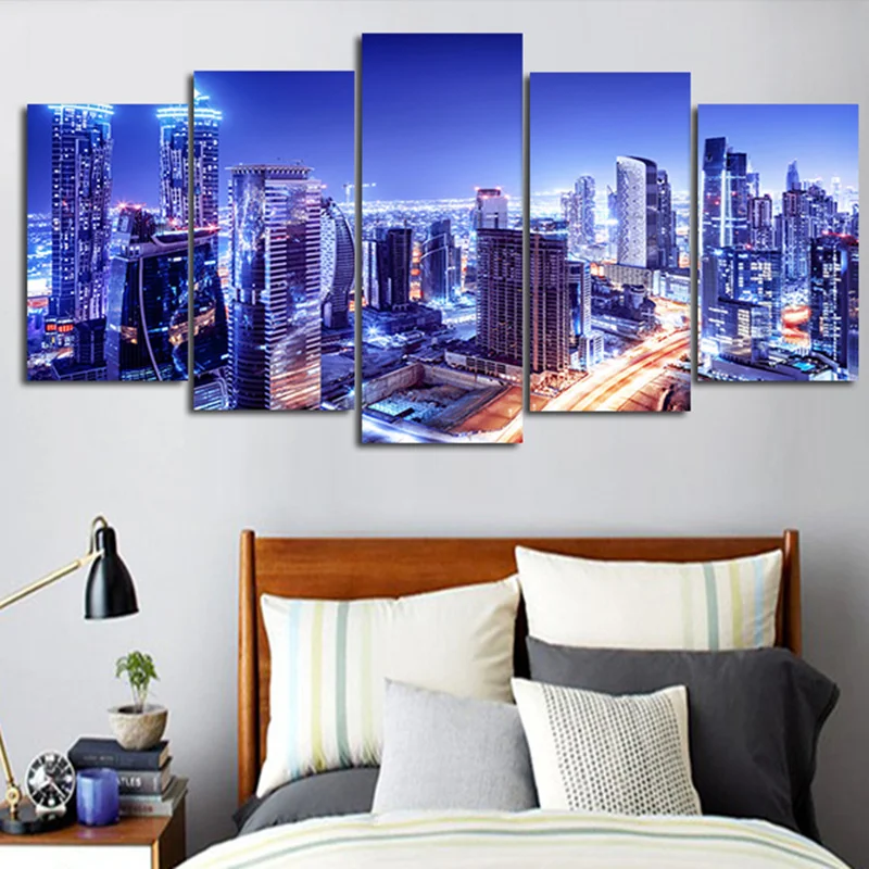 Настенная Картина на холсте с 5 плоскостями синие ночные городские современные