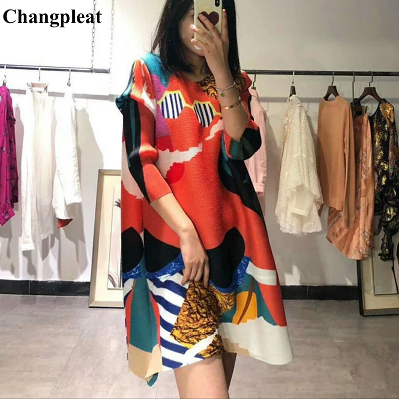 Changpleat Весна Новые принтованные женские футболки топы Miyak плиссированные Модные свободные женские футболки большого размера с круглым вырезом T9