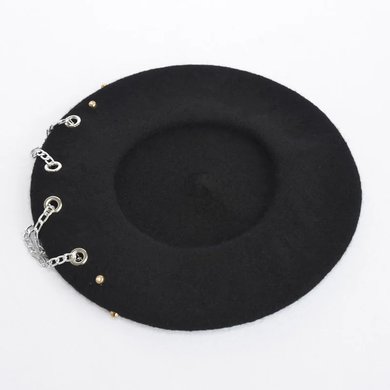 Женский винтажный беретик с цепочкой 100% шерсть теплые береты в стиле панк на зиму