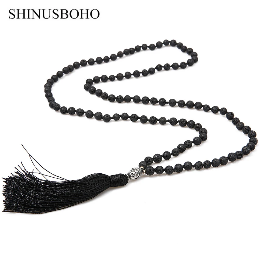 SHINUS BOHO классическое ожерелье головы Будды для женщин черное из вулканического