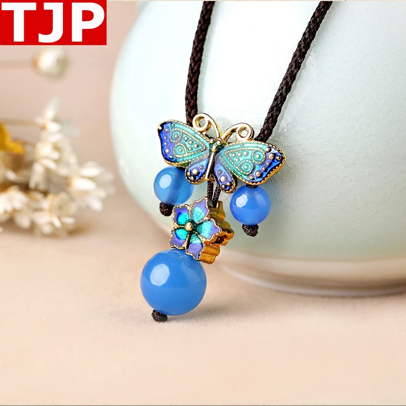 Ethnic style necklace female clavicle chain agate cloisonne pendant blue simple jewelry accessories wild short | Украшения и