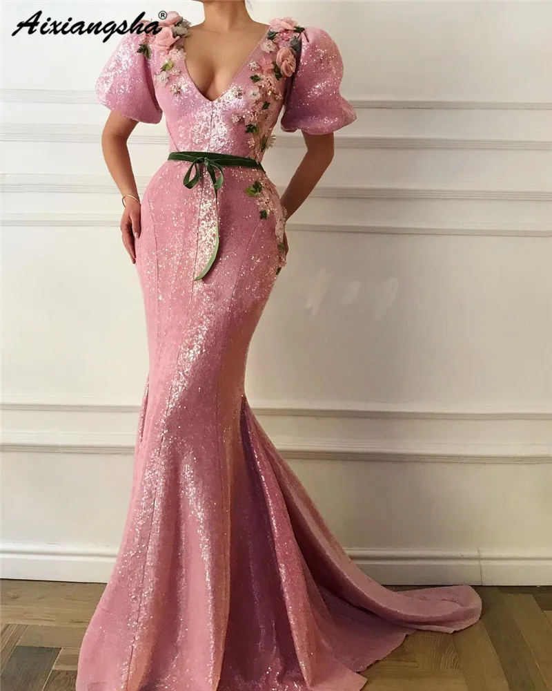 Vestidos, Новое поступление, вечернее платье с блестками, короткий рукав, v-образный вырез, 3D цветок, пояс, Русалка, вечерние платья, вечернее платье