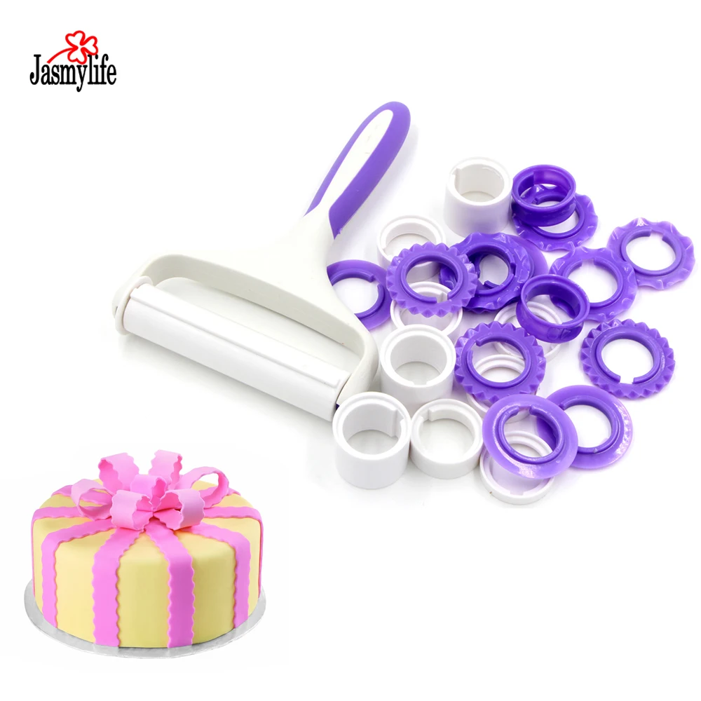 

Cake Decorating Tools Fondant Strip Ribbon Cutter Sugarcraft Plastic Cake Rolling Pin Pattern Embosser Roller Set Baking Tools