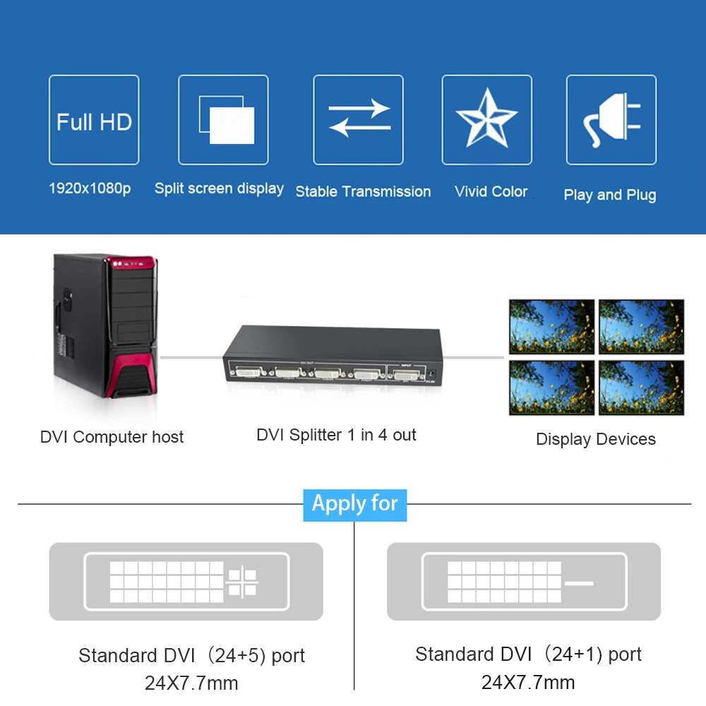 DVI разветвитель 1x4 DVI разветвитель 1 в 4 выход DVI разветвитель 1 до 4 Поддержка 1920x1200 4K 2 K/30Hz/3D up 1080P с питанием DC5V