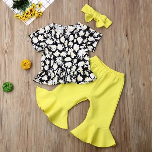 

Топ с коротким рукавом и цветочным принтом для маленьких девочек, расклешенные брюки, модная удобная летняя одежда принцессы