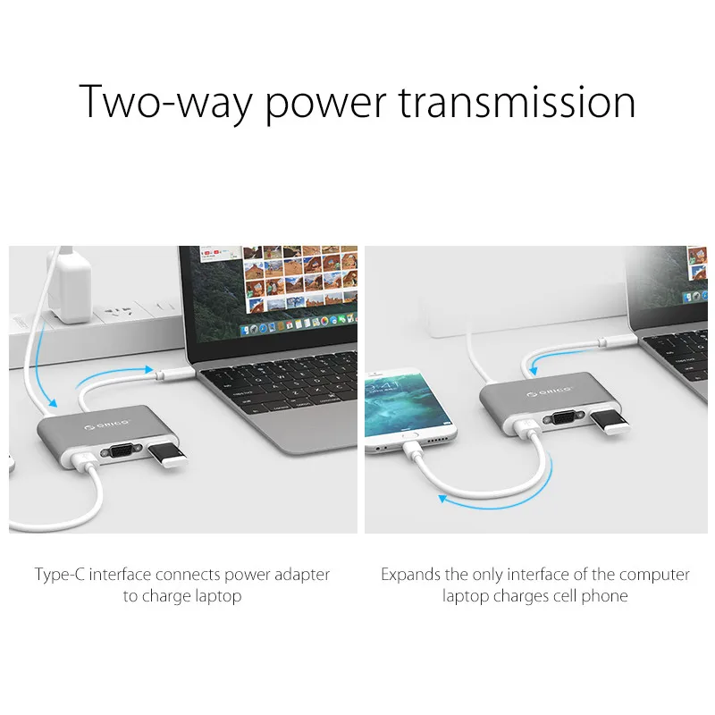 Алюминиевый хаб ORICO RCV3A с type-C в VGA/type-C/type-A конвертер USB3.1 Gen1 5 Гбит/с 3 портами USB3.0 для
