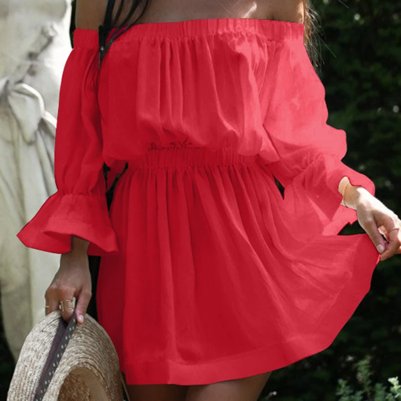 Женское летнее пикантное эластичное платье с высоким поясом и рукавом лепестком