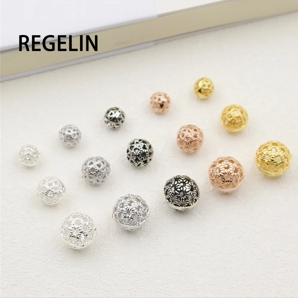 

REGELIN Size 6/8/10mm 925 Silver Round Filigree Hollow Spacers Beads 1pcs Fit Charm Bracelets For Jewelry Finding Making DIY